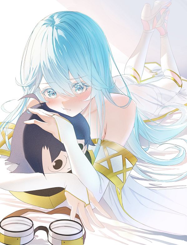 1girl, bed, blue_eyes, blue_hair, blush, closed_mouth, dress, elfaria_albis_serfort_(tsue_to_tsurugi_no_wistoria)