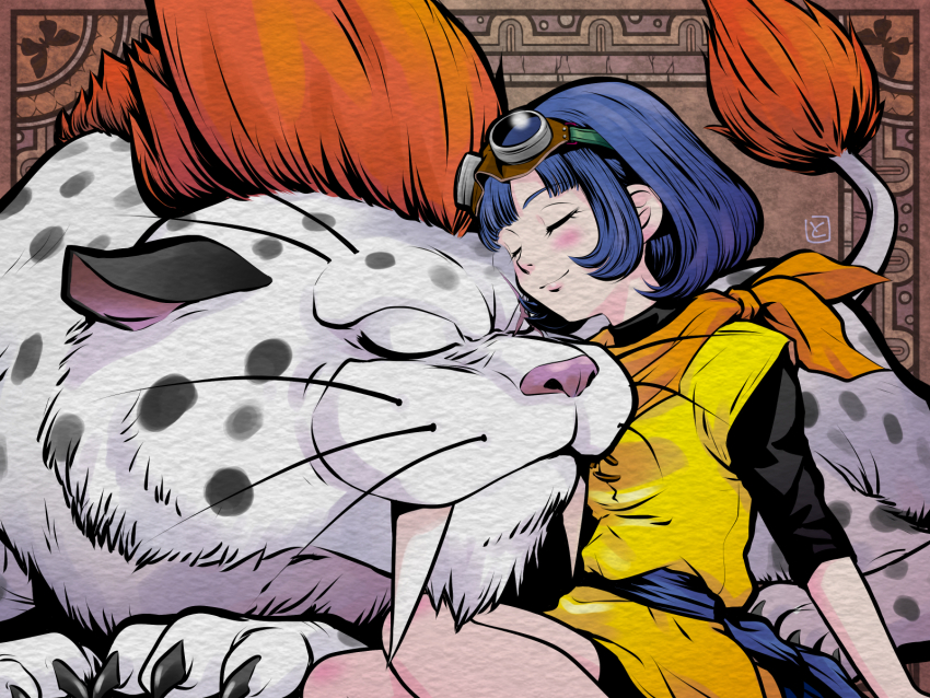 1girl, 1other, animal, blue_hair, blunt_bangs, bob_cut, claws, closed_eyes, closed_mouth, commentary_request, cross_scar, dragon_quest, dragon_quest_x, goggles, goggles_on_head, great_sabrecat, highres, icooz, neckerchief, orange_neckerchief, scar, scar_across_eye, scar_on_face, seraphy_(dq10), sitting, smile, spotted_fur, tunic, white_fur, yellow_tunic