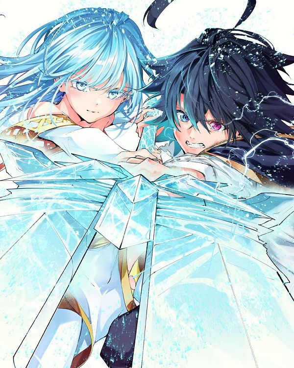 1boy, 1girl, ahoge, angry, aoi_toshi, black_cape, black_pants, blue_eyes