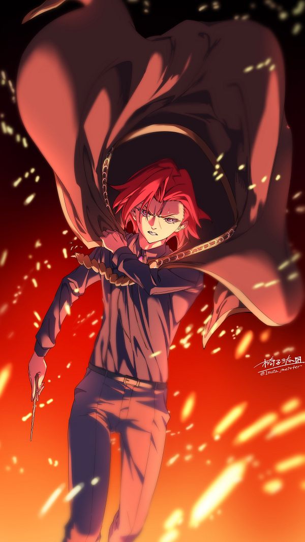 1boy, angry, black_cape, black_pants, black_shirt, cape, fire, hand_up