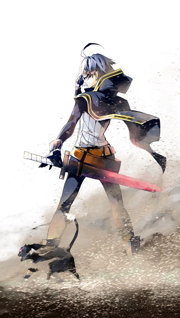 1boy, ahoge, black_cape, black_gloves, blue_pants, cape, glasses, gloves, hand_up, kiki_(tsue_to_tsurugi_no_wistoria), long_hair, long_sleeves, pants, sheath, shirt, sword, tsue_to_tsurugi_no_wistoria, weapon, white_shirt, will_serfort, zaccostar