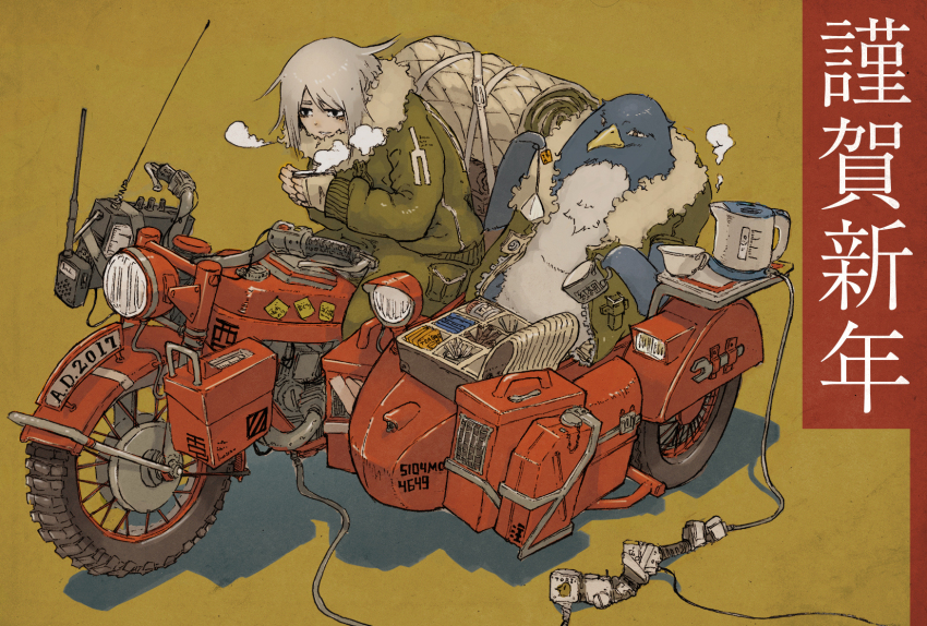 1boy, 2017, bird, blonde_hair, cable, charging_device, coat, commentary, cup, green_coat, highres, holding, holding_cup, motor_vehicle, motorcycle, open_clothes, open_coat, original, penguin, shift96, sidecar, steam, sticker, tea, teabag, teacup, walkie-talkie
