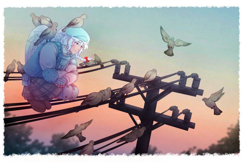 1girl, absurdres, angel_wings, animal, animal_on_head, animal_on_shoulder, beret, bird