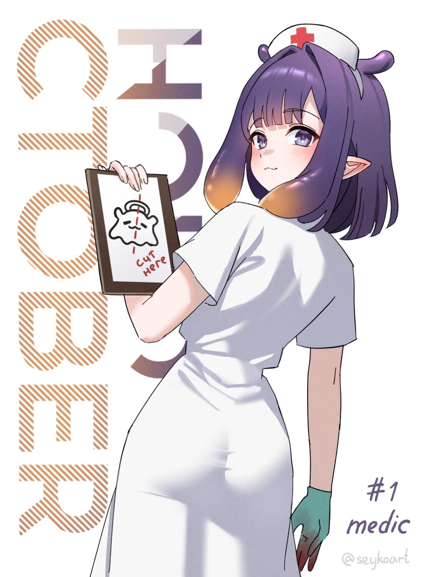 1girl, :3, alternate_costume, ass, blood, blood_stain, blunt_bangs, clipboard