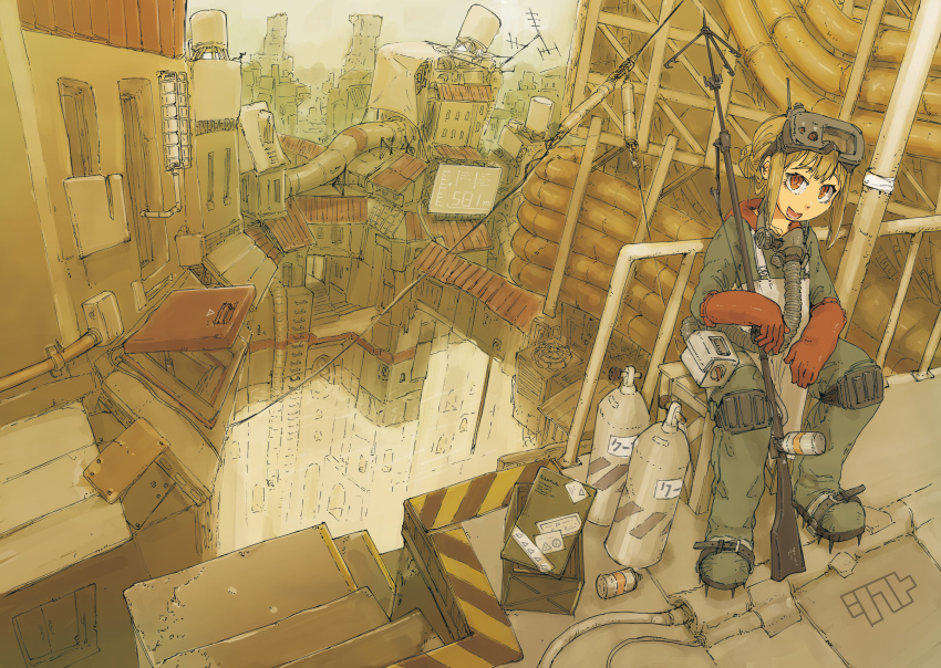 1boy, absurdres, apron, blonde_hair, box, commentary, eyewear_on_head, gas_mask