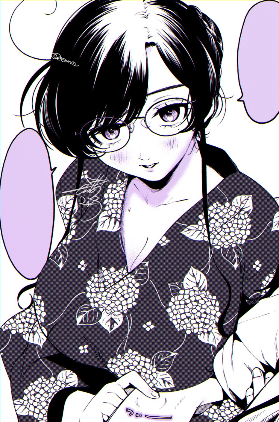 1girl, ahoge, black_hair, filter-goshi_no_kanojo, glasses, hachiya_temari, highres, japanese_clothes