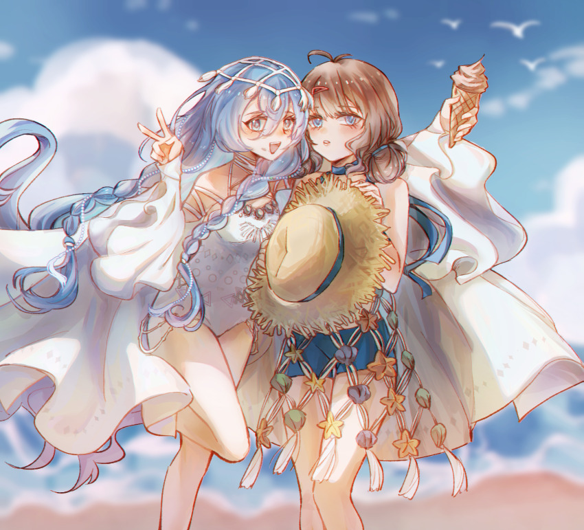 2girls, 37_(down_in_the_grotto)_(reverse:1999), 37_(reverse:1999), :d, :o, absurdres, arm_up, beach