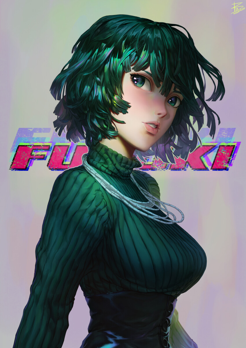 1girl, absurdres, blunt_bangs, character_name, commentary, english_commentary, fubuki_(one-punch_man), gradient_background