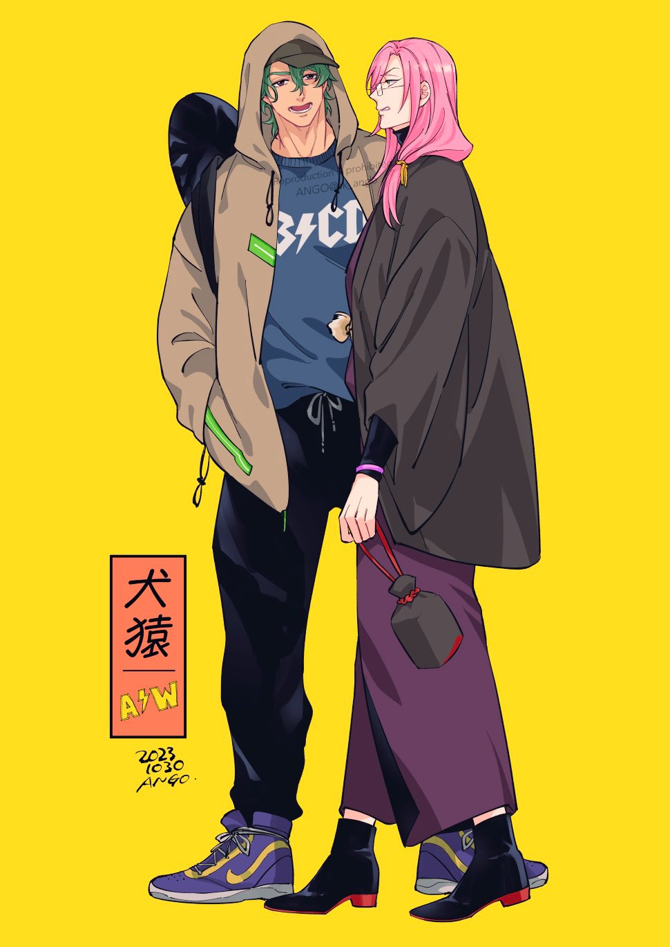 2boys, ango_(f_ango), black_footwear, brown_jacket, cherry_blossom_(sk8), dated, full_body, glasses