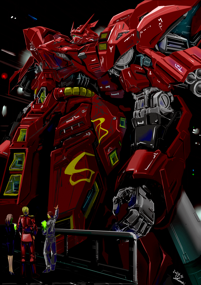 1girl, 2024, 2boys, char's_counterattack, char_aznable, commentary_request, dated, energy_gun