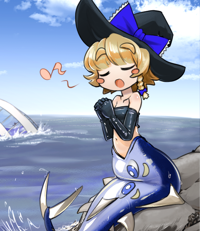 1girl, alternate_costume, black_gloves, black_hat, black_tube_top, blue_bow, blue_sky, blush_stickers