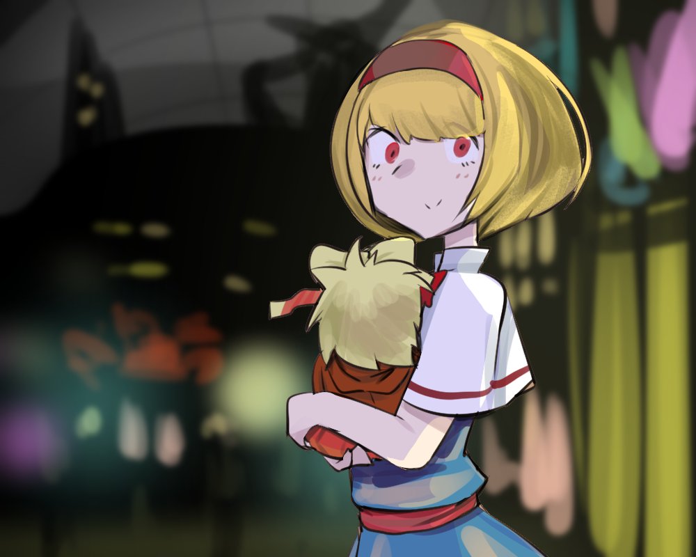 1girl, agucala_(cookie), alice_margatroid, blonde_hair, blue_dress, blurry, blurry_background, blush