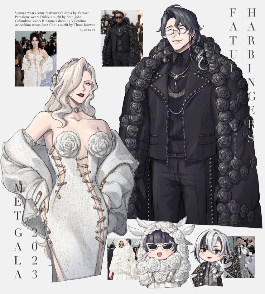 1boy, 3girls, arlecchino_(genshin_impact), bare_shoulders, black_eyes, black_hair, black_jacket, black_pants