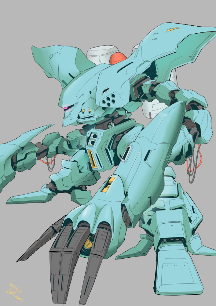 2024, claws, commentary_request, dated, energy_gun, gradient_background, grey_background, gundam