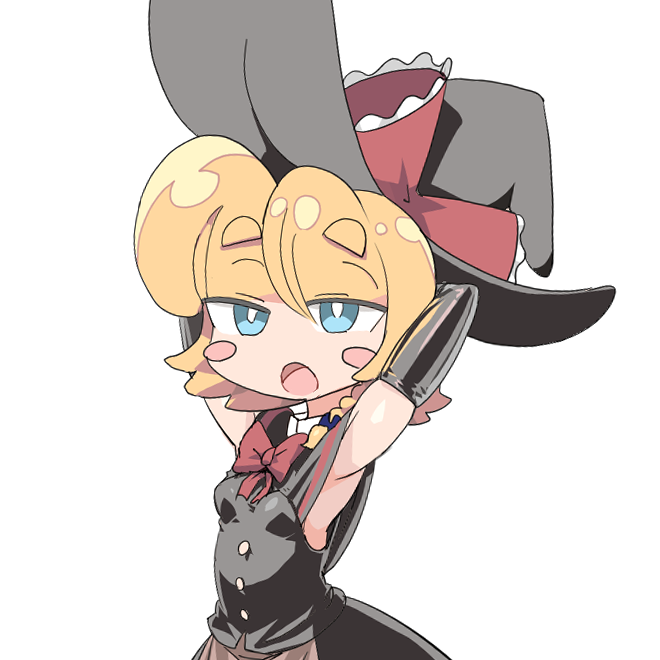 1girl, :o, apron, armpits, arms_behind_head, black_capelet, black_gloves, black_skirt