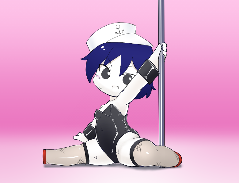 1girl, alternate_costume, anchor_symbol, arm_up, black_eyes, black_leotard, blue_hair, blush