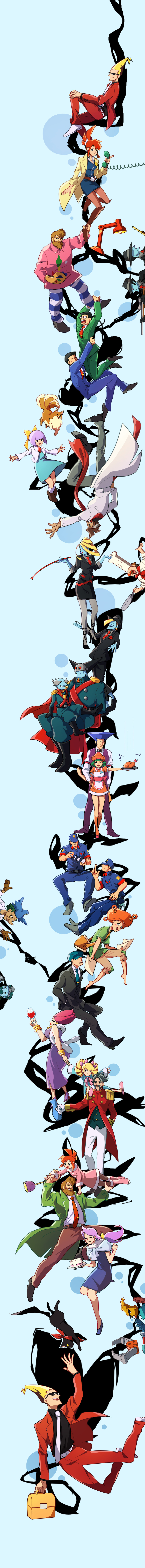 6+boys, 6+girls, absurdres, aged_down, amelie_(ghost_trick), apron, arm_strap, bag