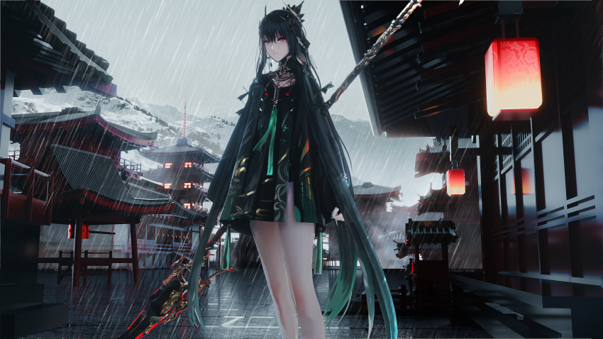 1girl, absurdres, architecture, east_asian_architecture, glaive_(polearm), highres, holding, holding_weapon, outdoors, polearm, punishing:_gray_raven, qu:_pavo_(pgr), qu_(pgr), rain, seymour62486926, solo, solo_focus, weapon