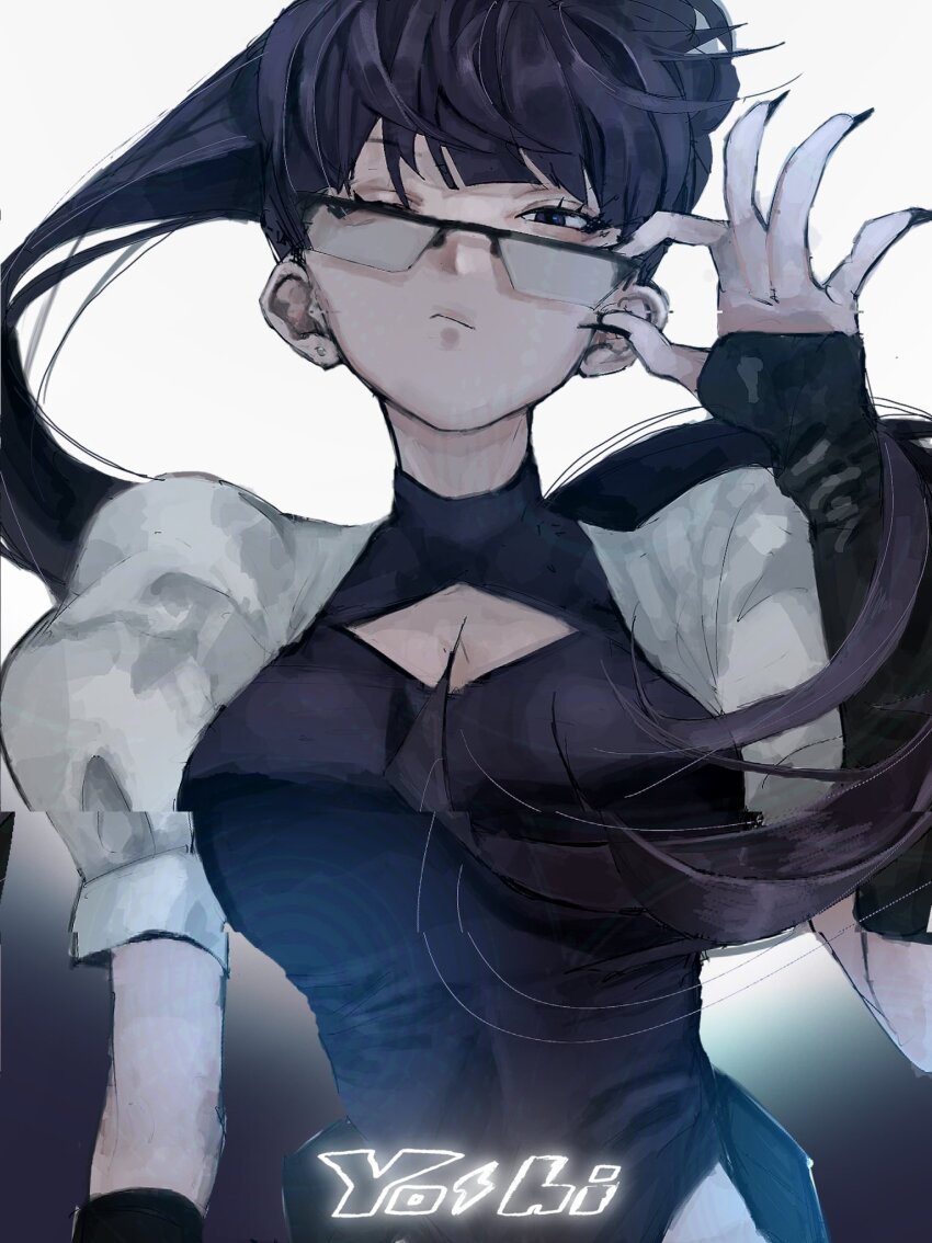 1girl, adjusting_eyewear, aruta_(zomrut), black_hair, black_nails, cloud_nine_inc, commentary, earrings, glitch, hashtag-only_commentary, highres, jewelry, long_hair, nail_polish, ponytail, puffy_short_sleeves, puffy_sleeves, purple_eyes, short_sleeves, single_earring, solo, stud_earrings, upper_body, utaite, very_long_hair, yoshino_(utaite)