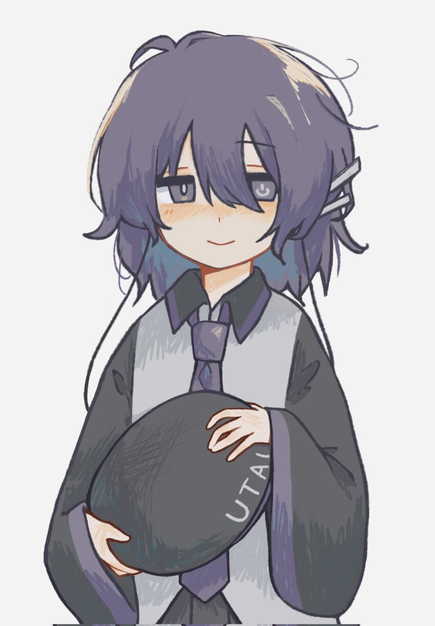 1girl, ahoge, beret, black_shirt, blush, collared_shirt, copyright_name, corrupted_twitter_file, double-parted_bangs, grey_background, grey_vest, hair_between_eyes, hair_ornament, hairclip, hashtag-only_commentary, hat, highres, holding, holding_unworn_clothes, holding_unworn_hat, long_sleeves, looking_at_viewer, medium_hair, mismatched_pupils, nao_(nao_62_), necktie, power_symbol-shaped_pupils, purple_eyes, purple_hair, purple_necktie, shirt, simple_background, smile, solo, symbol-shaped_pupils, unworn_hat, unworn_headwear, upper_body, utane_uta, utau, vest, wide_sleeves