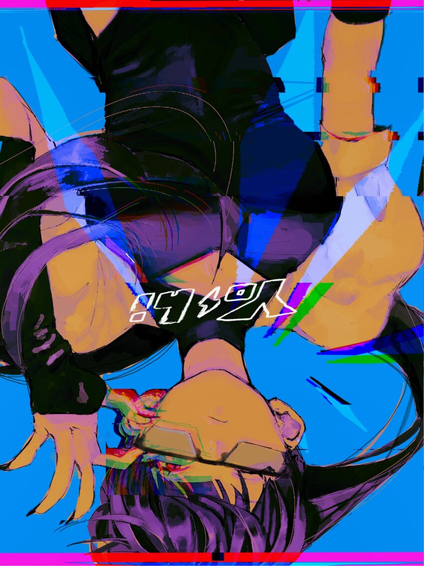 1girl, adjusting_eyewear, aruta_(zomrut), black_hair, black_nails, cloud_nine_inc, commentary, earrings, glitch, hashtag-only_commentary, highres, jewelry, long_hair, nail_polish, ponytail, puffy_short_sleeves, puffy_sleeves, red_eyes, short_sleeves, single_earring, solo, stud_earrings, upper_body, upside-down, utaite, very_long_hair, yoshino_(utaite)