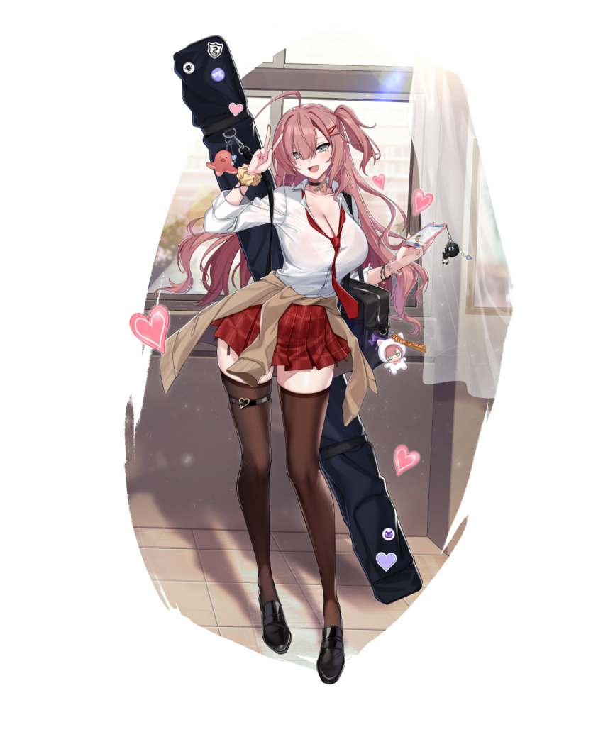 1girl, :d, ahoge, alpha_transparency, bag, black_bag, black_shoes, blush, bracelet, breast_rest, breasts, brown_jacket, cellphone, cellphone_charm, chair, character_charm, charm_(object), ciel_marronier, cleavage, clothes_around_waist, collarbone, collared_shirt, commentary, counter:side, curtains, fang, fingernails, grey_eyes, grin, gyaru, hair_ornament, hair_over_one_eye, hairclip, hallway, heart, highres, holding, holding_phone, jacket, jacket_around_waist, jewelry, kogal, large_breasts, lens_flare, loafers, long_fingernails, long_hair, long_sleeves, looking_at_viewer, loose_necktie, mole, mole_under_eye, necktie, official_alternate_costume, official_art, on_chair, one_side_up, open_clothes, open_jacket, open_mouth, phone, pink_hair, pink_nails, plaid_clothes, plaid_skirt, pleated_skirt, red_necktie, red_skirt, school, school_bag, school_uniform, scrunchie, see-through_curtains, shadow, shirt, shoes, skin_fang, skindentation, skirt, sleeves_rolled_up, smartphone, smartphone_case, smile, solo, standing, thigh_strap, thighhighs, tile_floor, tiles, v, wavy_hair, weapon_case, white_shirt, window, wrist_scrunchie, zettai_ryouiki