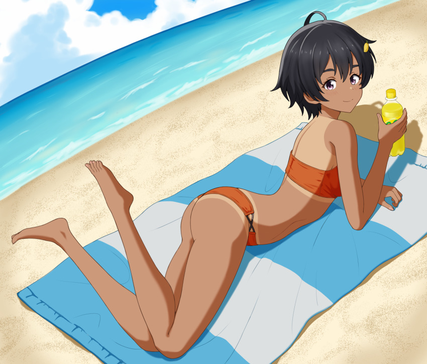 1girl, ahoge, barefoot, beach, beach_towel, bikini, black_hair, blue_sky