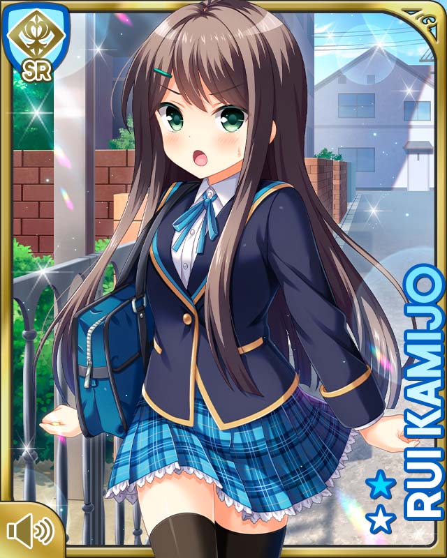 1girl, :o, angry, bag, black_hair, blazer, blue_bow, blue_jacket, blue_skirt, blush, bow, breasts, card_(medium), character_name, day, female_focus, girlfriend_(kari), green_eyes, jacket, kamijo_rui, long_hair, metal_fence, official_art, open_mouth, outdoors, plaid_clothes, plaid_skirt, pleated_skirt, qp:flapper, shirt, skirt, solo, tagme, v-shaped_eyebrows, white_shirt