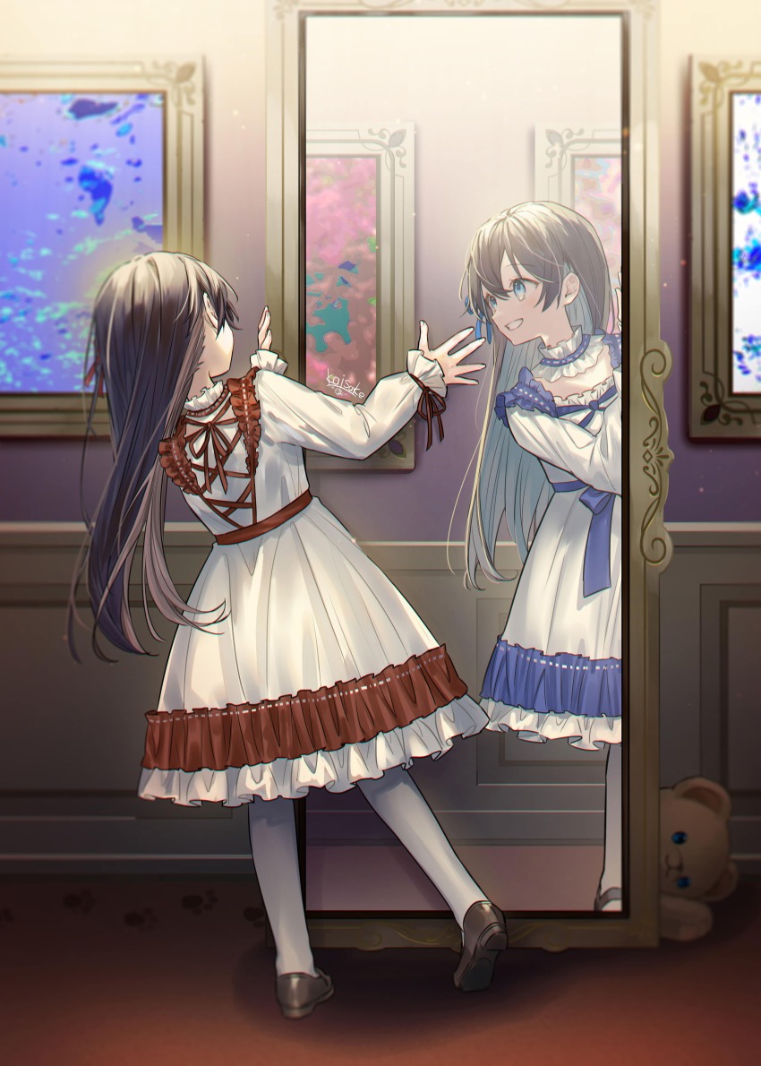 2girls, absurdres, accurate_lolita_coord, black_footwear, blue_eyes, blush, bow, cross-laced_clothes, different_reflection, dress, frilled_dress, frills, grin, hair_between_eyes, hair_bow, hair_ribbon, highres, kaisake_(utp), lolita_fashion, long_hair, long_sleeves, mary_janes, medium_dress, mirror, multiple_girls, original, painting_(object), pantyhose, reflection, ribbon, seiran_(sake_(utopia_modoki)), shoes, shuan_(sake_(utopia_modoki)), siblings, sidelocks, signature, sisters, smile, stuffed_animal, stuffed_toy, teddy_bear, twins, white_dress, white_pantyhose