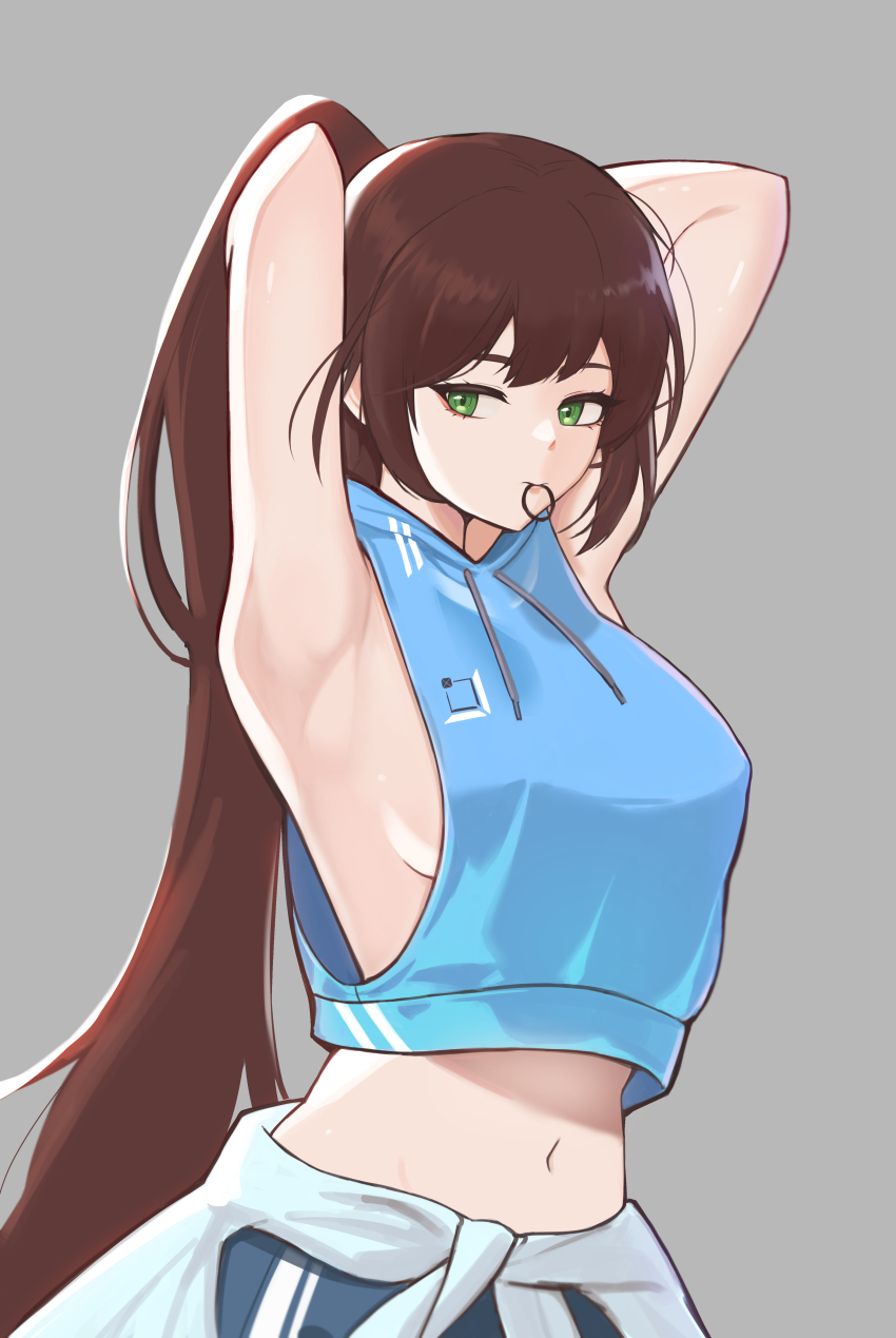 1girl, absurdres, arm_behind_head, armpits, arms_behind_head, arms_up, bare_arms, bare_shoulders, black_survival, blue_hoodie, blue_jacket, blue_pants, blue_shirt, breasts, cleavage, closed_mouth, clothes_around_waist, crop_top, cropped_hoodie, cropped_shirt, drawstring, eternal_return:_black_survival, exercising, fiora_pellerin, green_eyes, gym, gym_uniform, hair_between_eyes, hairpin_in_mouth, high_ponytail, highres, holding, hood, hood_down, hooded_jacket, hoodie, jacket, kisa_(leg3043), large_breasts, long_hair, looking_to_the_side, midriff, navel, no_bra, pants, ponytail, red_hair, shirt, sideboob, sidelocks, simple_background, sleeveless, sleeveless_shirt, solo, standing, stomach, striped_clothes, striped_pants, sweater, sweater_around_waist, tied_sweater, tying_hair, very_long_hair, workout_clothes, yoga_pants