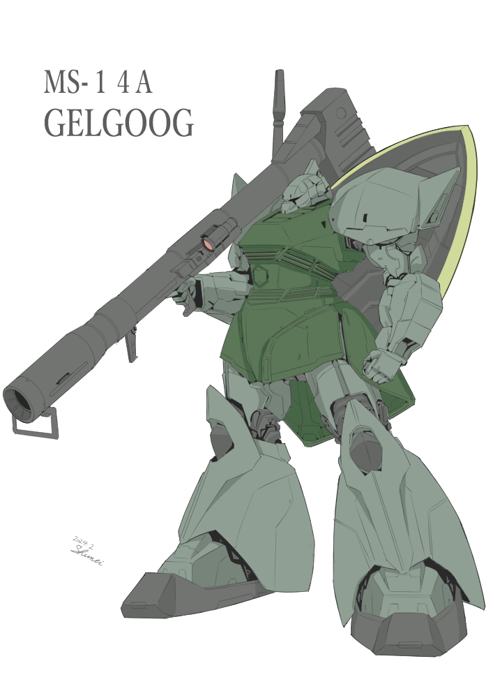 2024, bazooka_(gundam), bullpup, character_name, commentary_request, dated, gelgoog, gun, gundam, kurashou_shumei, machinery, mecha, mecha_focus, mobile_suit, mobile_suit_gundam, original, redesign, robot, science_fiction, scope, shield, shield_on_back, signature, white_background, zeon