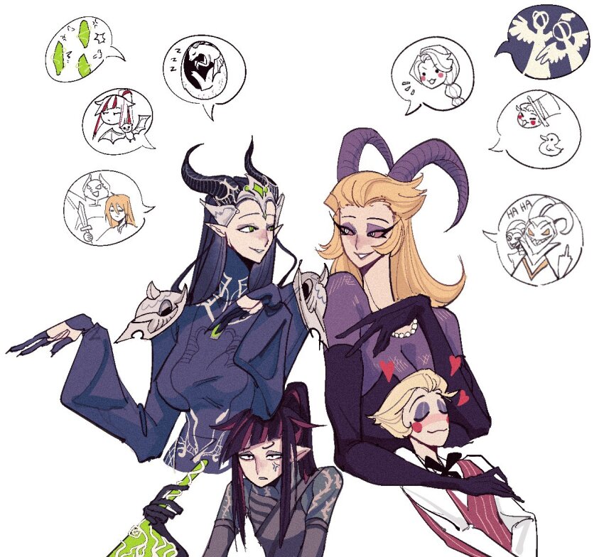 2boys, 2girls, adam_(hazbin_hotel), armor, black_hair, blonde_hair, charlie_morningstar, commentary