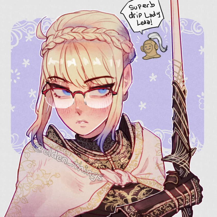 2girls, bespectacled, blonde_hair, blue_eyes, border, braid, commentary, crown_braid