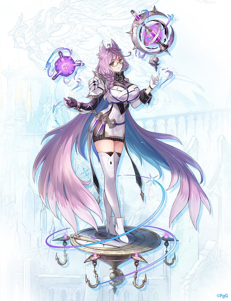 1girl, armor, breasts, closed_mouth, commentary_request, covered_navel, floating, floating_object, full_body, gloves, high_heels, large_breasts, long_hair, long_sleeves, looking_at_viewer, nakatsun_(gumi), official_alternate_costume, official_art, phantom_of_the_kill, purple_gloves, purple_hair, second-party_source, semi-rimless_eyewear, shoulder_armor, solo, standing, test_tube, thighhighs, vanargand_(phantom_of_the_kill), very_long_hair, white_footwear, white_gloves, white_thighhighs, yellow_eyes