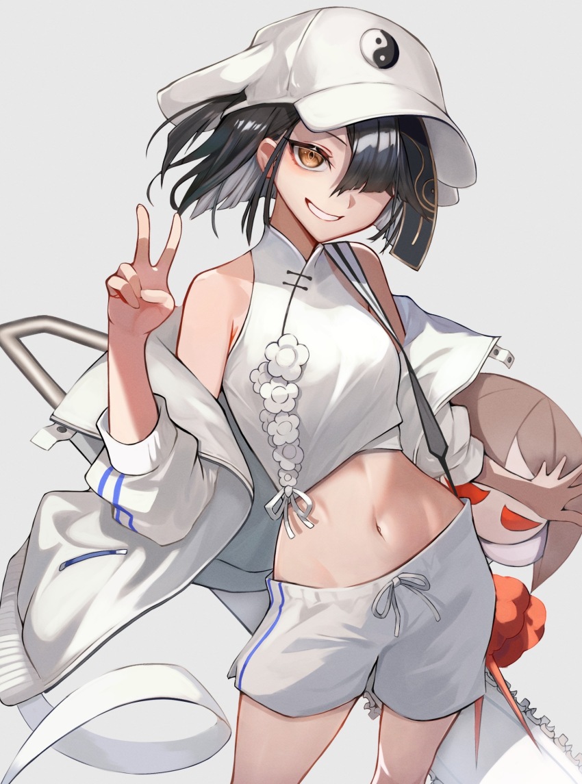 1girl, bare_shoulders, black_hair, breasts, brown_eyes, character_doll, doll, fate/grand_order, fate_(series), genshu_doki, grin, hair_over_one_eye, hat, highres, jacket, long_sleeves, looking_at_viewer, midriff, mole, mole_under_eye, navel, off_shoulder, shirt, short_hair, shorts, sleeveless, sleeveless_shirt, small_breasts, smile, solo, stuffed_toy, thighs, white_hat, white_jacket, white_shirt, white_shorts, xu_fu_(fate), xu_fu_(swimsuit_avenger)_(third_ascension)_(fate), yin_yang, yin_yang_print, yu_mei-ren_(fate)