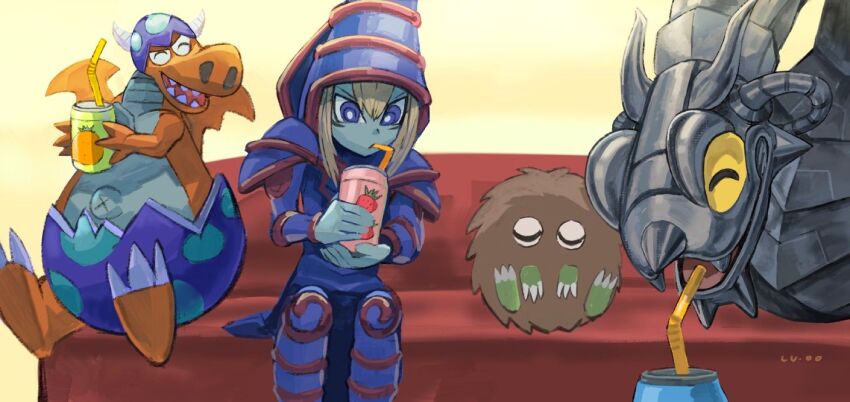 armor, blue_eyes, closed_eyes, drinking, duel_monster, hat, highres, kuriboh