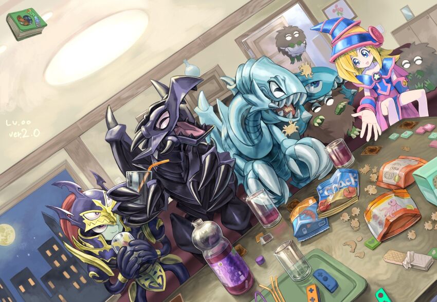 armor, black_luster_soldier, blonde_hair, blue-eyes_toon_dragon, blue-eyes_white_dragon, closed_eyes, dark_magician_girl, dragon, eating, floating, highres, kuriboh, red-eyes_black_dragon, red-eyes_toon_dragon, sharp_teeth, teeth, toon_black_luster_soldier, toon_dark_magician_girl, yu-gi-oh!
