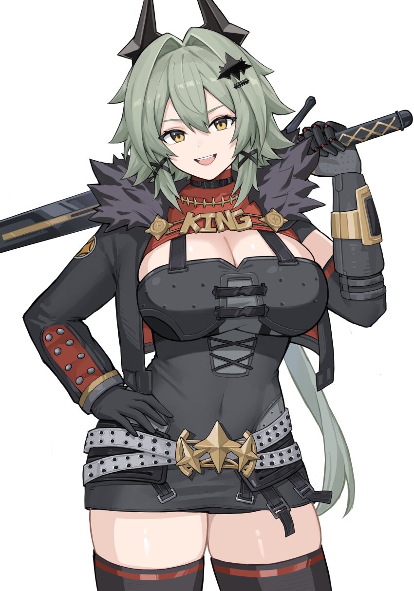 1girl, absurdres, black_gloves, black_jacket, breasts, caesar_king_(zenless_zone_zero), cleavage, covered_navel