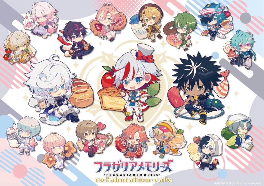 6+boys, :d, ;d, ahoge, apple, apple_pie, arupek_(fragaria_memories), asymmetrical_footwear