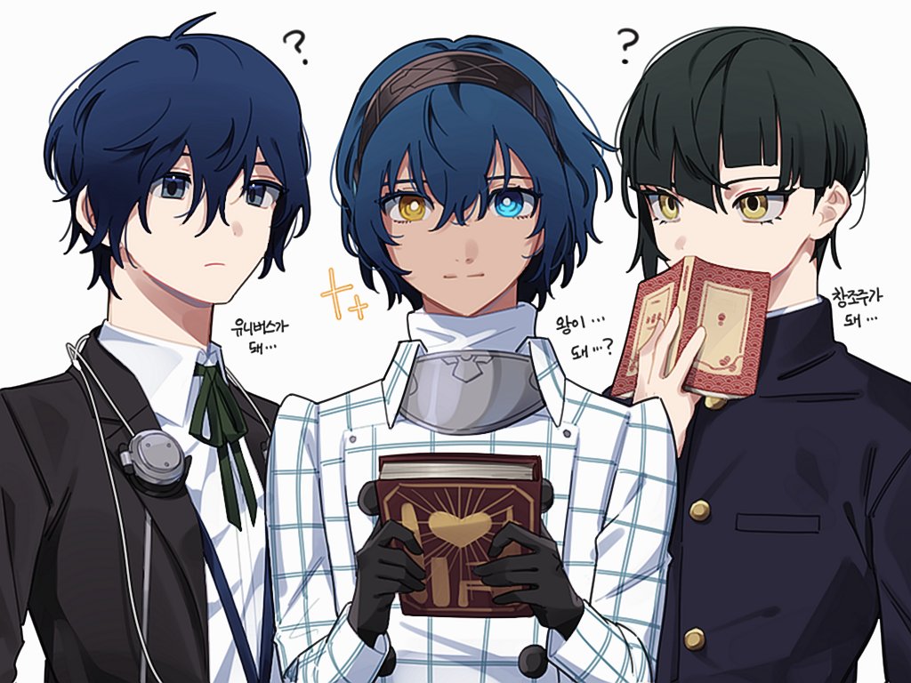 3boys, ?, artistic_error, atlus, black_gloves, black_hair, black_hairband, black_jacket