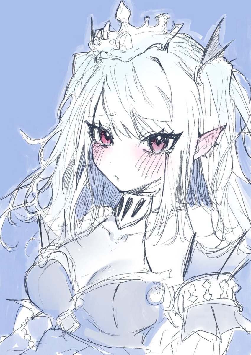 armband, blush, breasts, choker, cleavage, closed_mouth, colored_pencil_(medium), crown