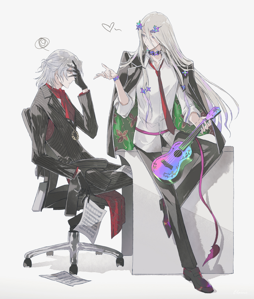 2boys, absurdres, amatsuka_(fate), animal_print, antonio_salieri_(fate), antonio_salieri_(second_ascension)_(fate), artist_name, ascot