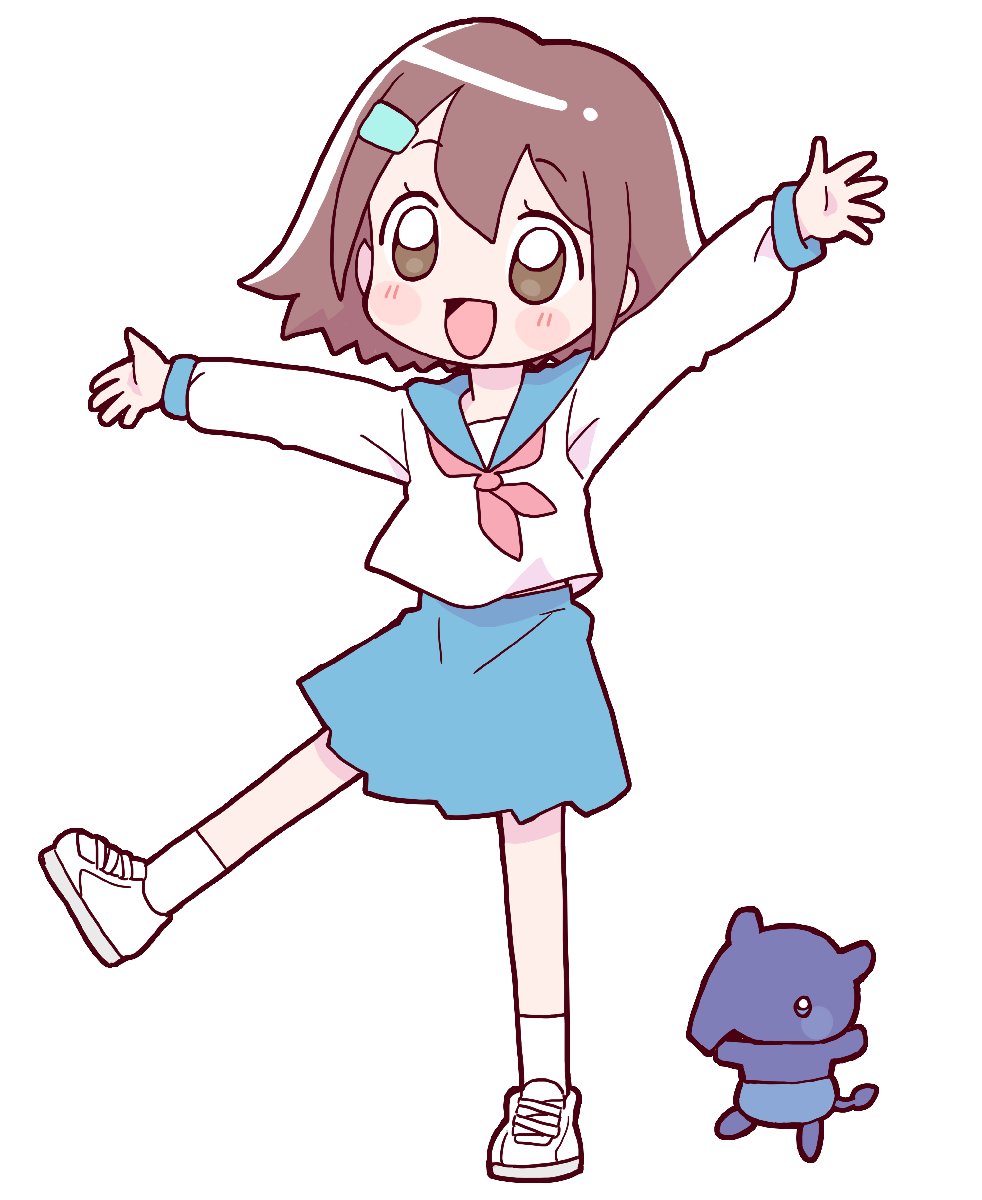 1girl, :d, blue_sailor_collar, blue_skirt, blush, blush_stickers, brown_eyes, brown_hair