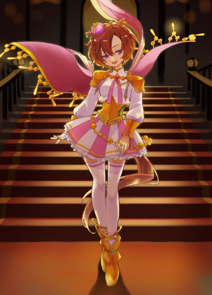 1girl, animal_ears, armor, boots, breasts, cape, cropped_shirt, crown