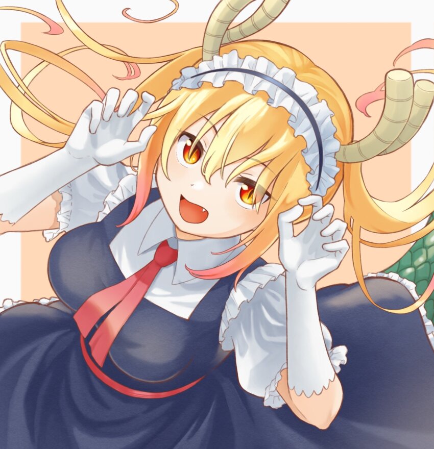 1girl, blonde_hair, breasts, brown_horns, dragon_girl, dragon_horns, dragon_tail, elbow_gloves, fang, gloves, gradient_hair, highres, horns, juliet_sleeves, kobayashi-san_chi_no_maidragon, large_breasts, long_hair, long_sleeves, maid, maid_headdress, multicolored_hair, necktie, open_mouth, orange_eyes, paw_pose, puffy_sleeves, red_necktie, simple_background, slit_pupils, smile, solo, susushu16, tail, tohru_(maidragon), twintails, white_gloves