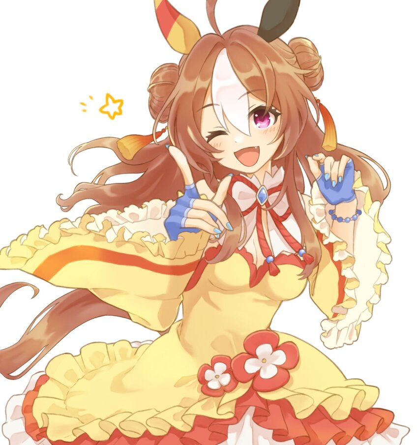 1girl, ahoge, animal_ears, blue_gloves, blue_nails, bracelet, breasts, brown_hair