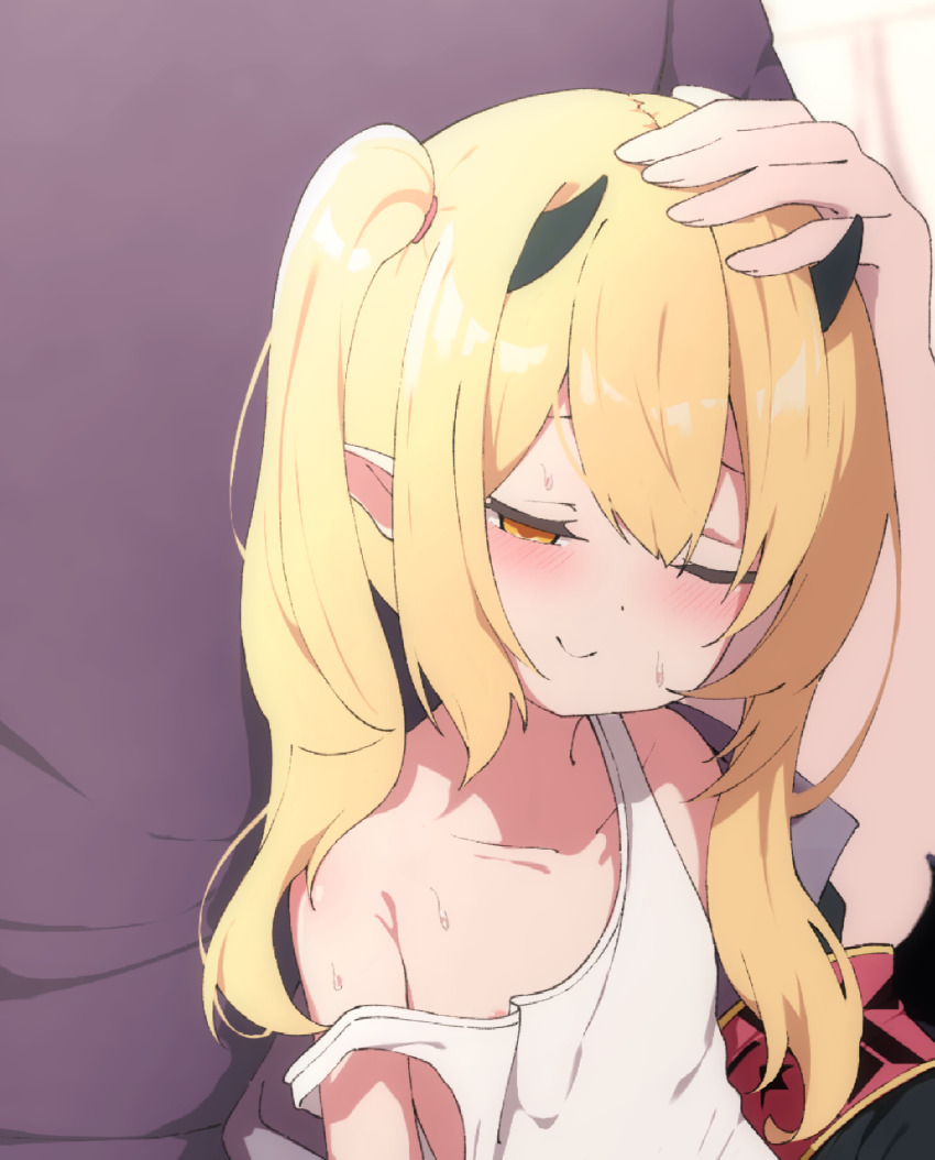 1boy, 1girl, absurdres, areola_slip, armband, bare_shoulders, black_coat, black_horns