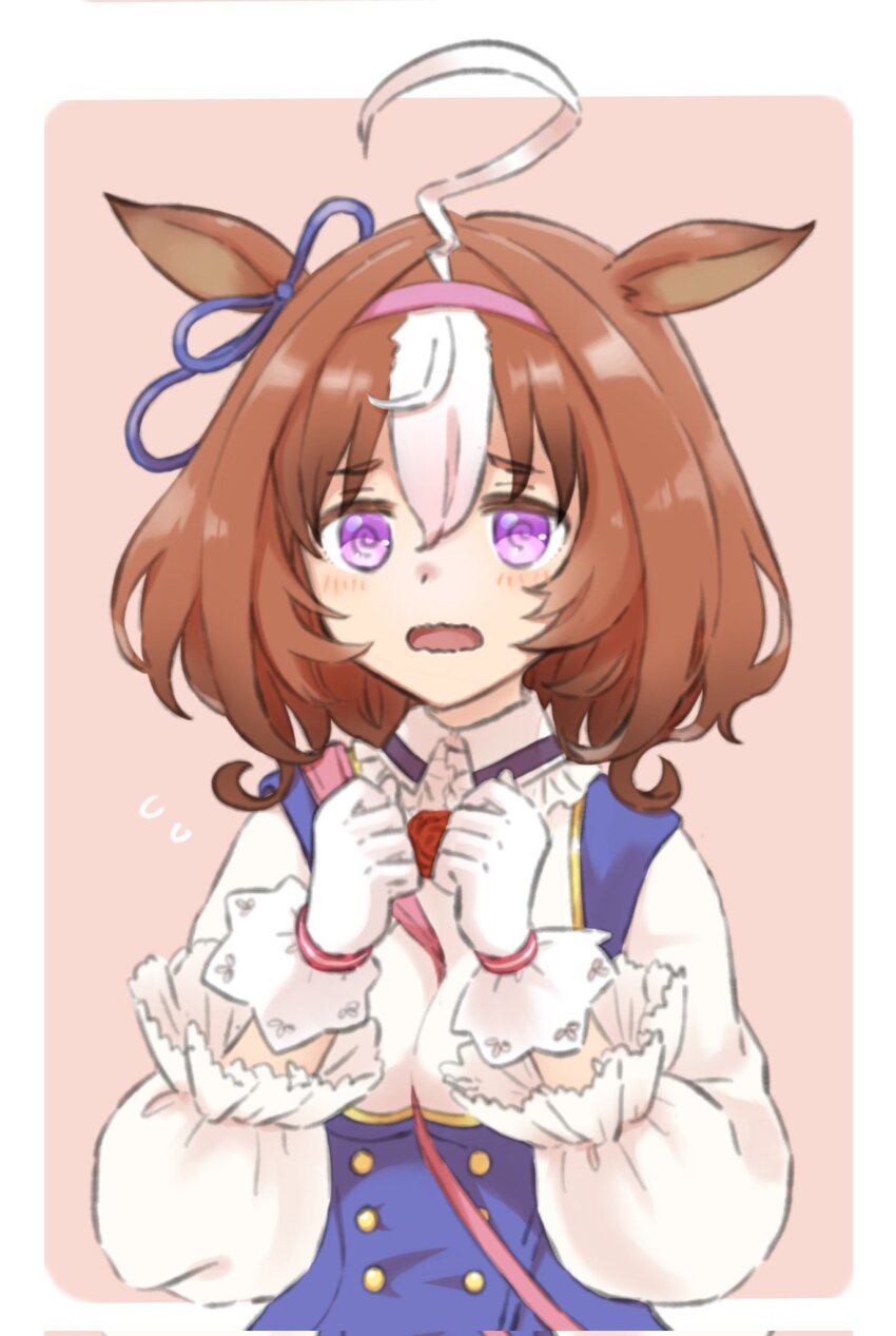 1girl, ahoge, animal_ears, between_breasts, bow, breasts, clenched_hands, ear_ornament