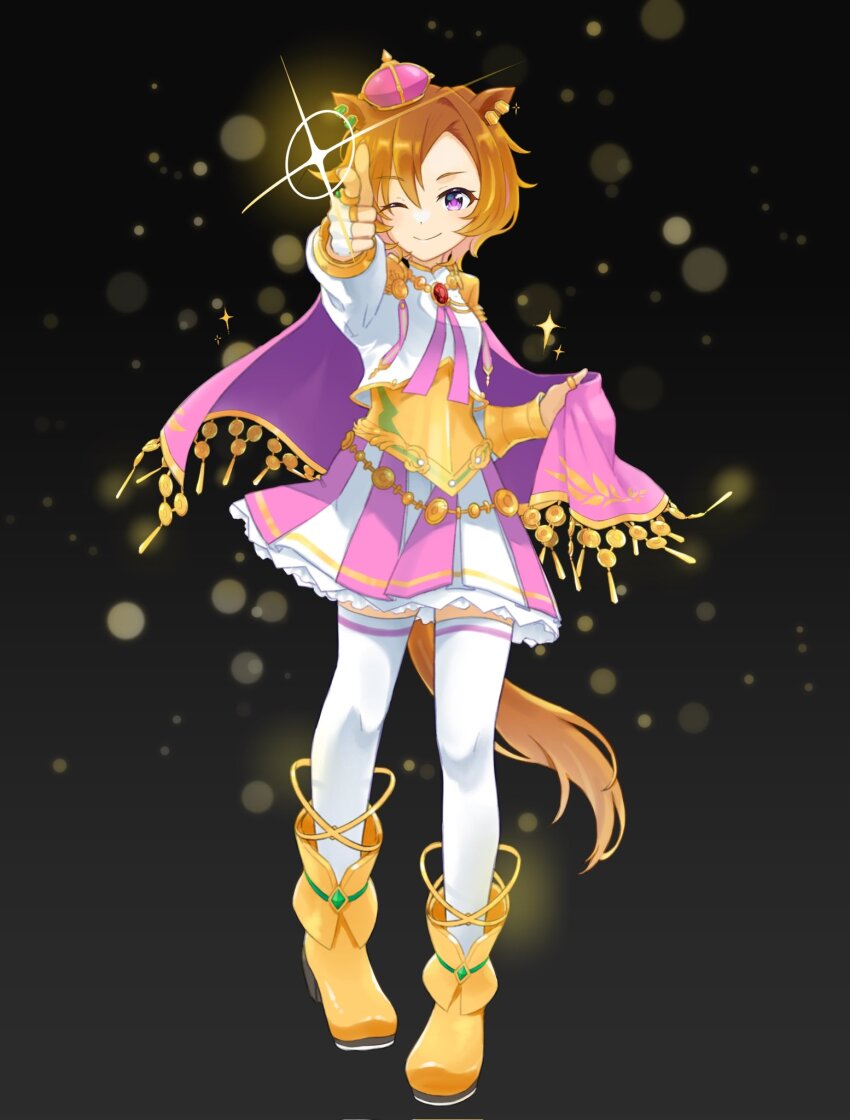 1girl, aiming, aiming_at_viewer, animal_ears, armor, boots, cape, ear_ornament