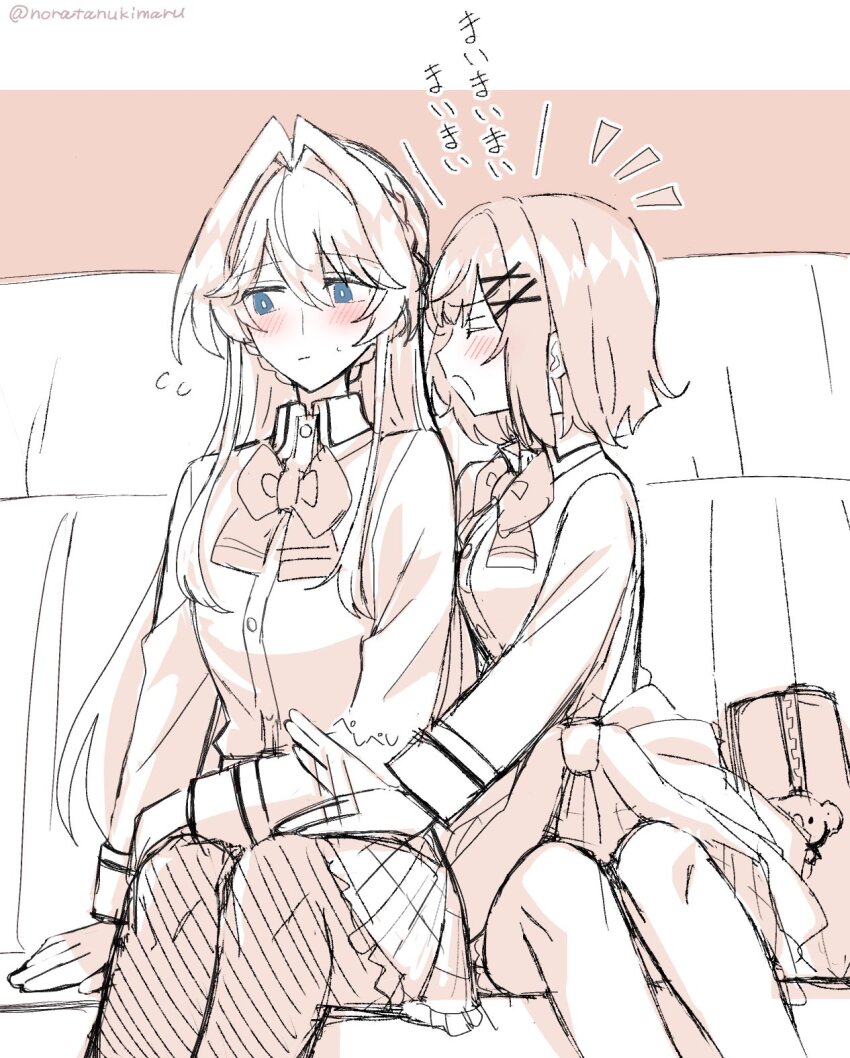 2girls, amaori_renako, bag, blush, flying_sweatdrops, hair_ornament, hand_on_another's_thigh, highres